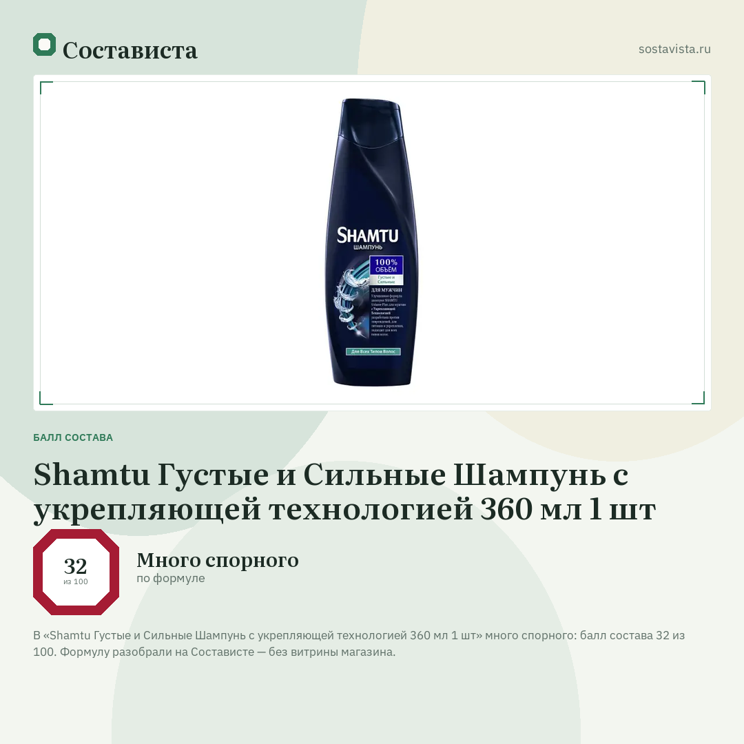 Shamtu Густые и Сильные Шампунь с укрепляющей технологией 360 мл 1 шт: балл состава 32 из 100 — Состависта
