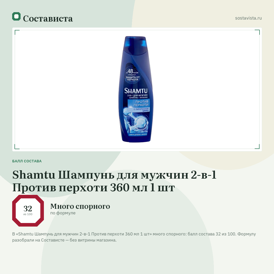 Shamtu Шампунь для мужчин 2-в-1 Против перхоти 360 мл 1 шт: балл состава 32 из 100 — Состависта