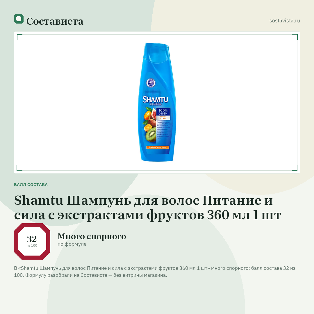 Shamtu Шампунь для волос Питание и сила с экстрактами фруктов 360 мл 1 шт: балл состава 32 из 100 — Состависта