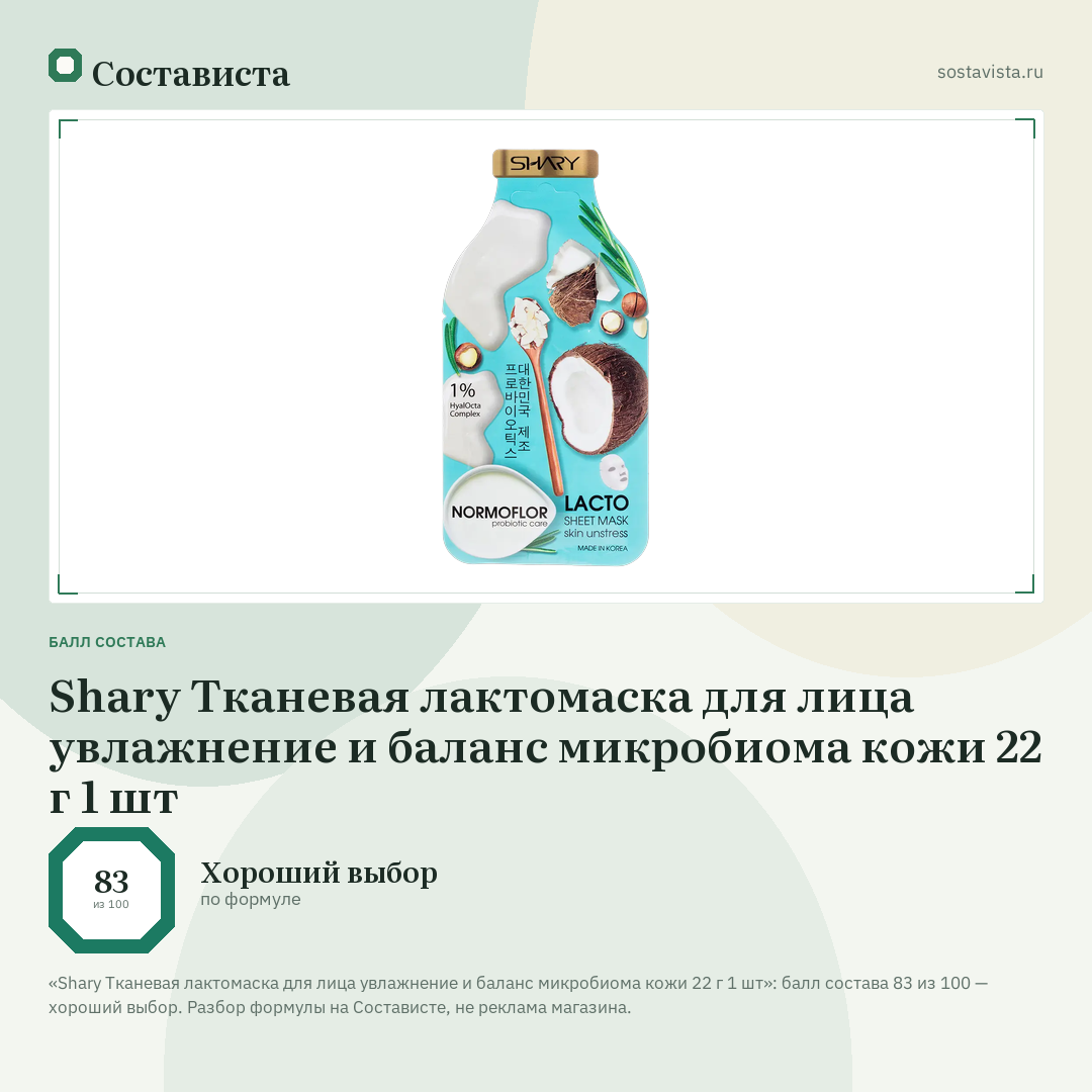 Shary Тканевая лактомаска для лица увлажнение и баланс микробиома кожи 22 г 1 шт: балл состава 83 из 100 — Состависта