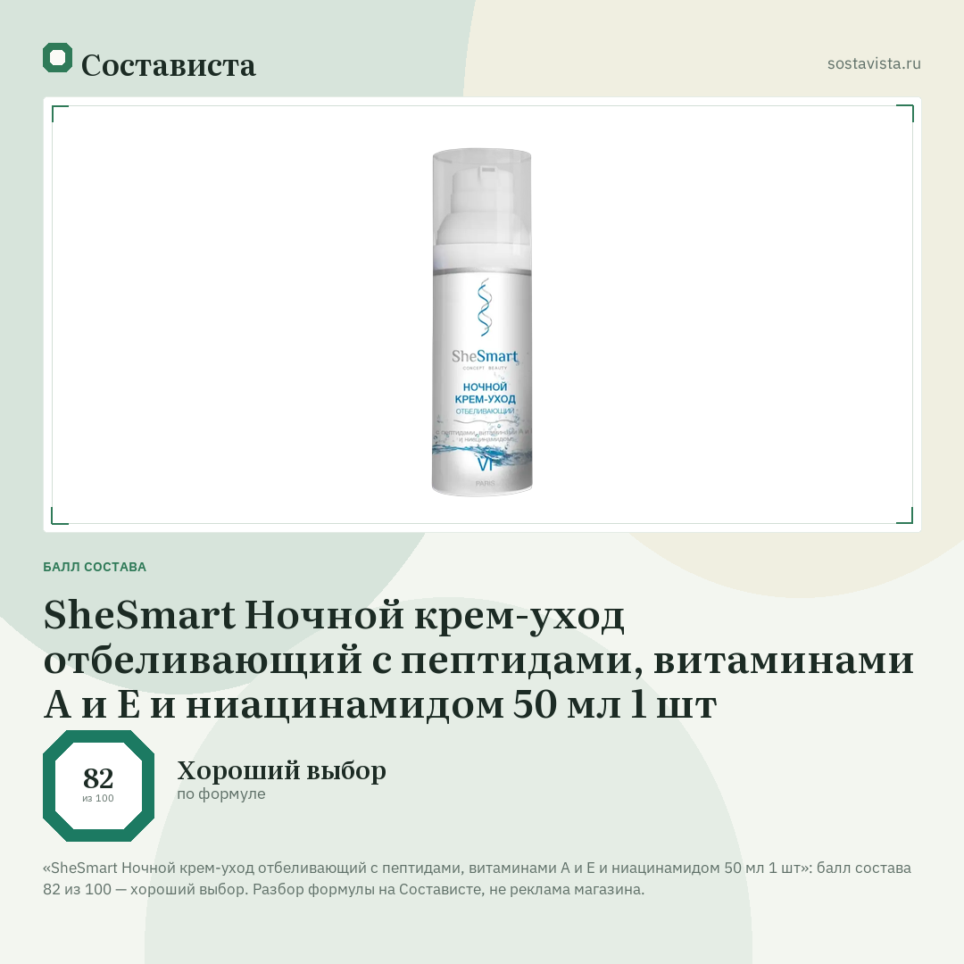 SheSmart Ночной крем-уход отбеливающий с пептидами, витаминами А и Е и ниацинамидом 50 мл 1 шт: балл состава 82 из 100 — Состависта