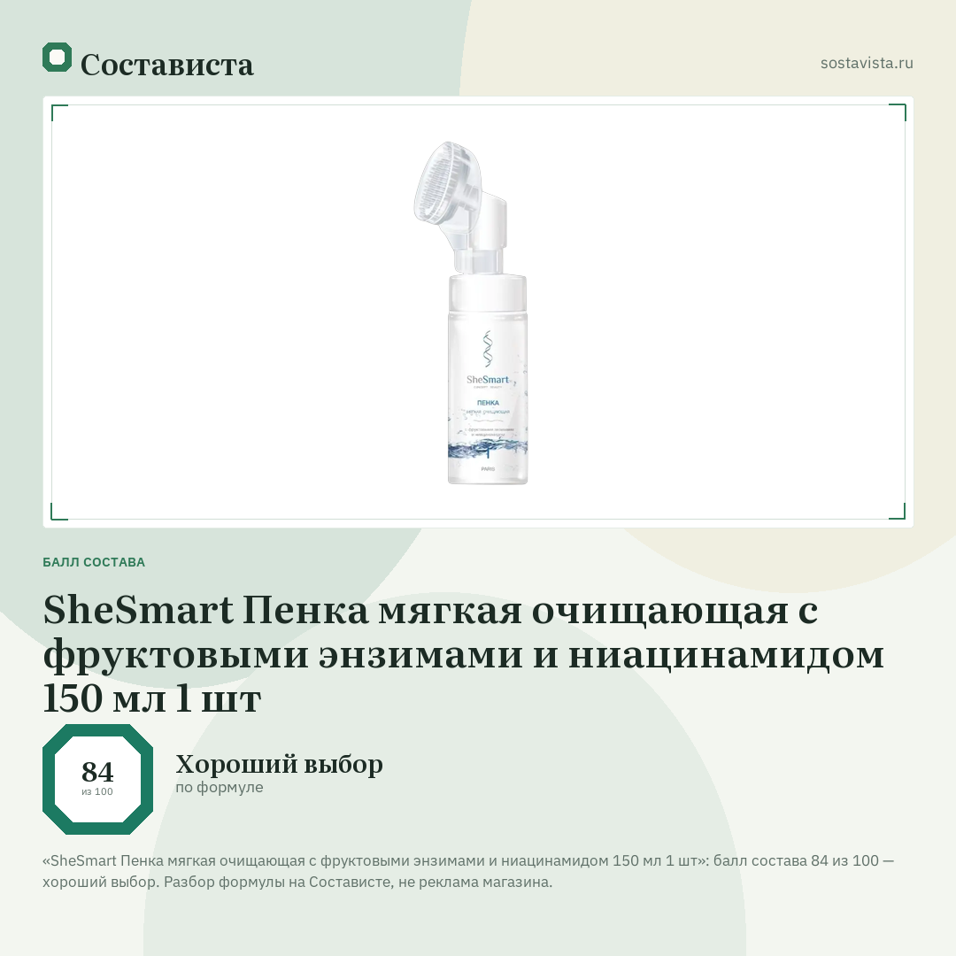 SheSmart Пенка мягкая очищающая с фруктовыми энзимами и ниацинамидом 150 мл 1 шт: балл состава 84 из 100 — Состависта