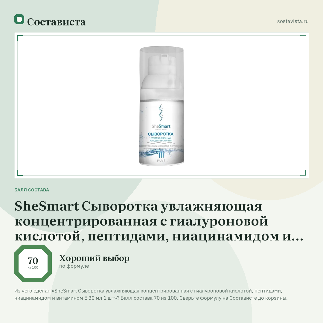 SheSmart Сыворотка увлажняющая концентрированная с гиалуроновой кислотой, пептидами, ниацинамидом и витамином Е 30 мл 1 шт: балл состава 70 из 100 — Состависта
