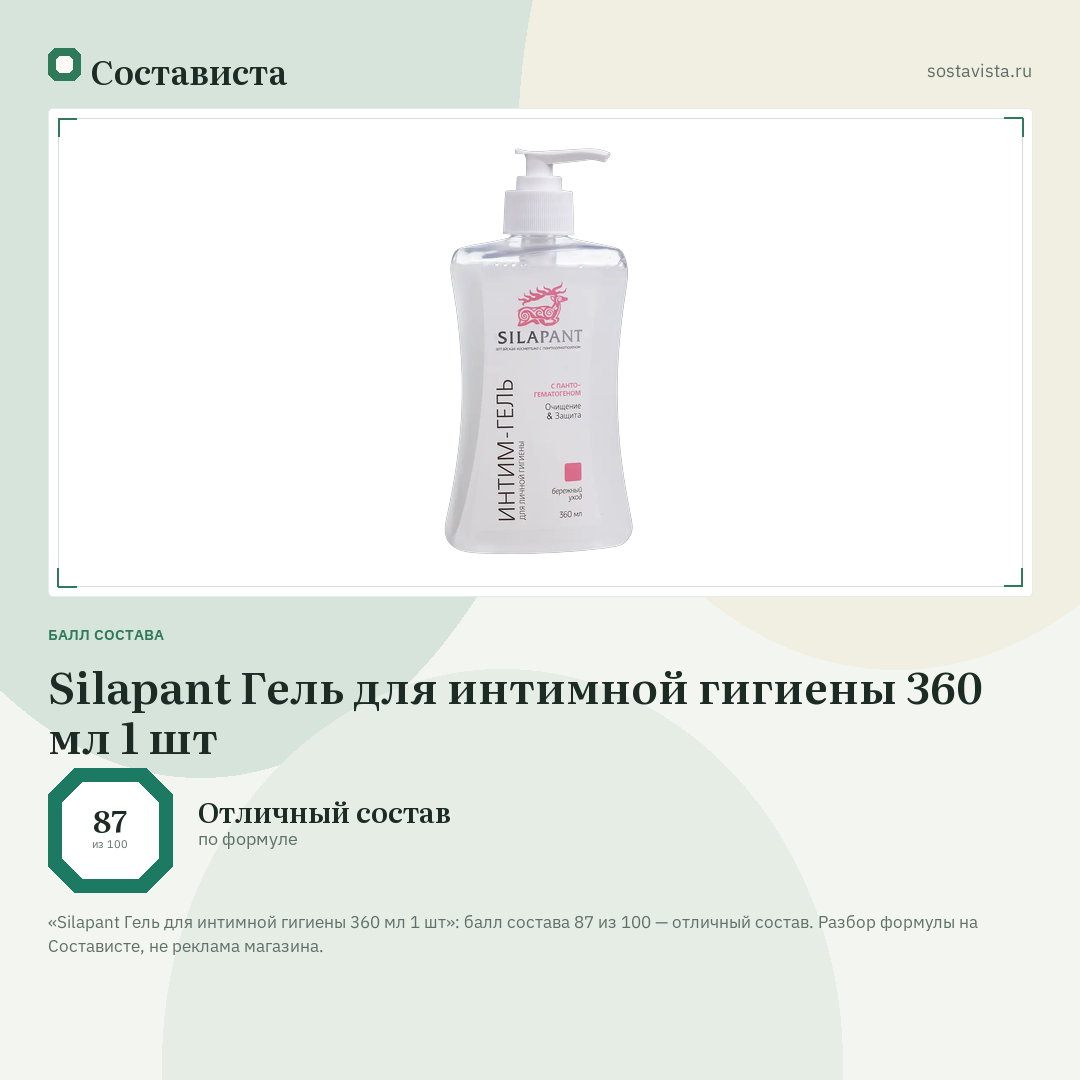 Silapant Гель для интимной гигиены 360 мл 1 шт: балл состава 87 из 100 — Состависта