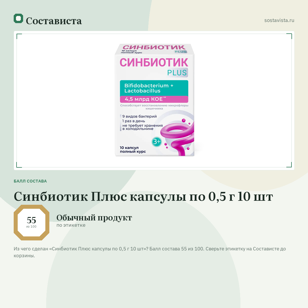 Синбиотик Плюс капсулы по 0,5 г 10 шт: балл состава 55 из 100 — Состависта