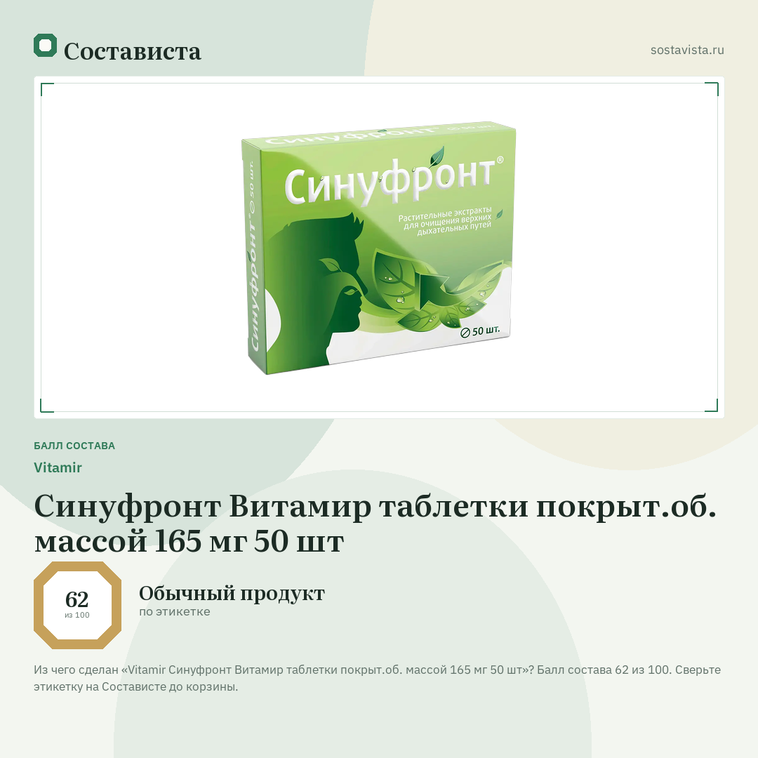 Vitamir Синуфронт Витамир таблетки покрыт.об. массой 165 мг 50 шт: балл состава 62 из 100 — Состависта