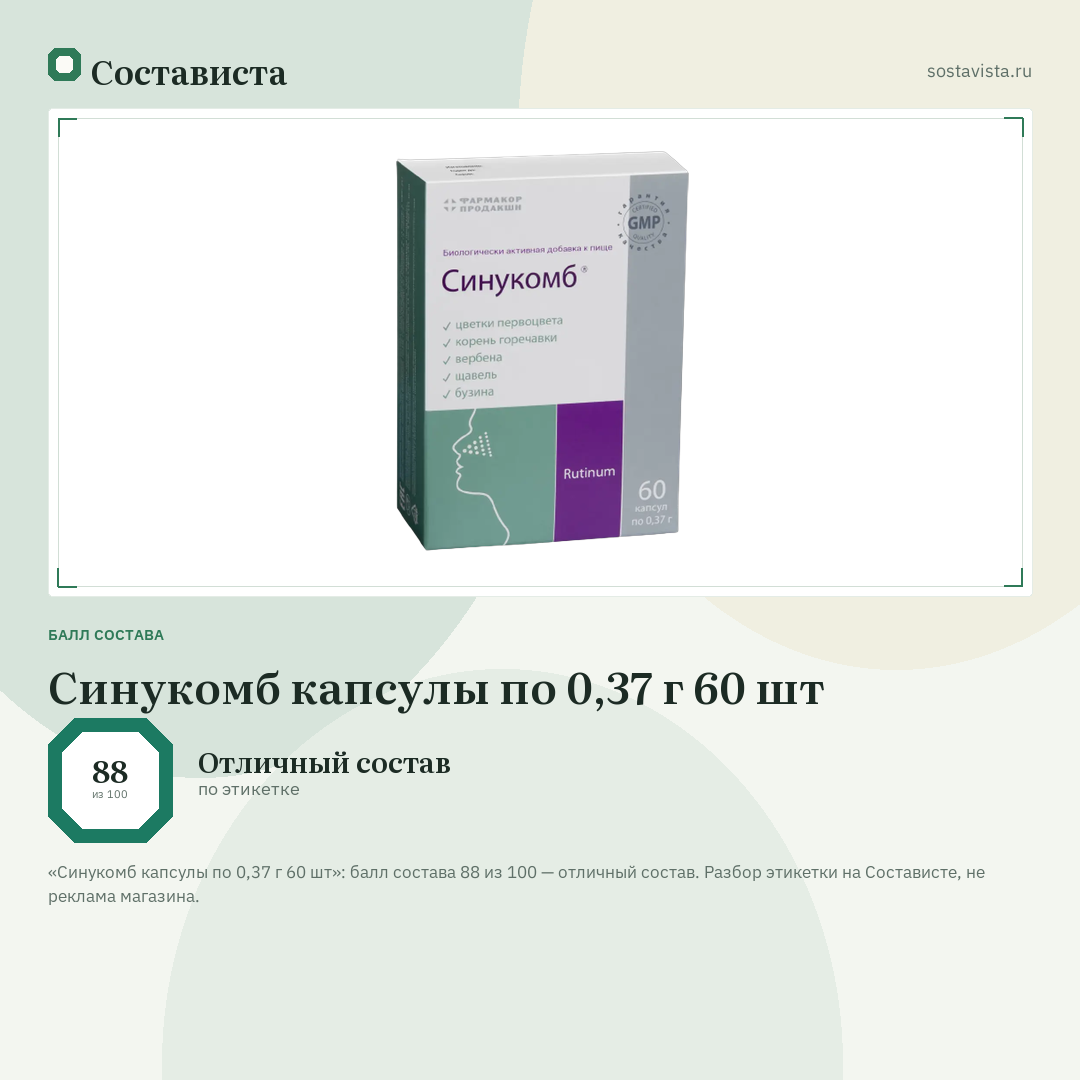 Синукомб капсулы по 0,37 г 60 шт: балл состава 88 из 100 — Состависта