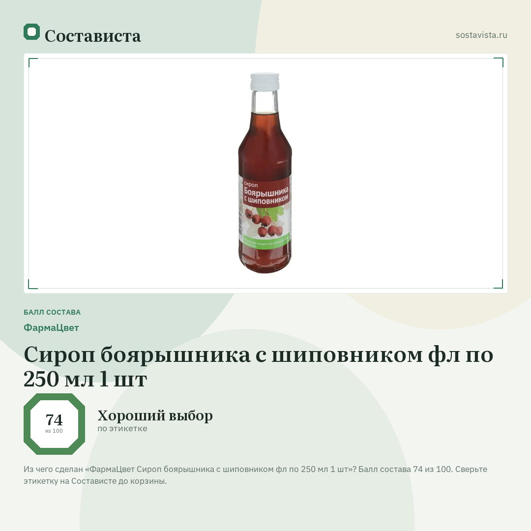 ФармаЦвет Сироп боярышника с шиповником фл по 250 мл 1 шт: балл состава 74 из 100 — Состависта