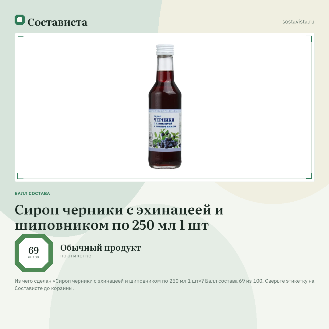 Сироп черники с эхинацеей и шиповником по 250 мл 1 шт: балл состава 69 из 100 — Состависта