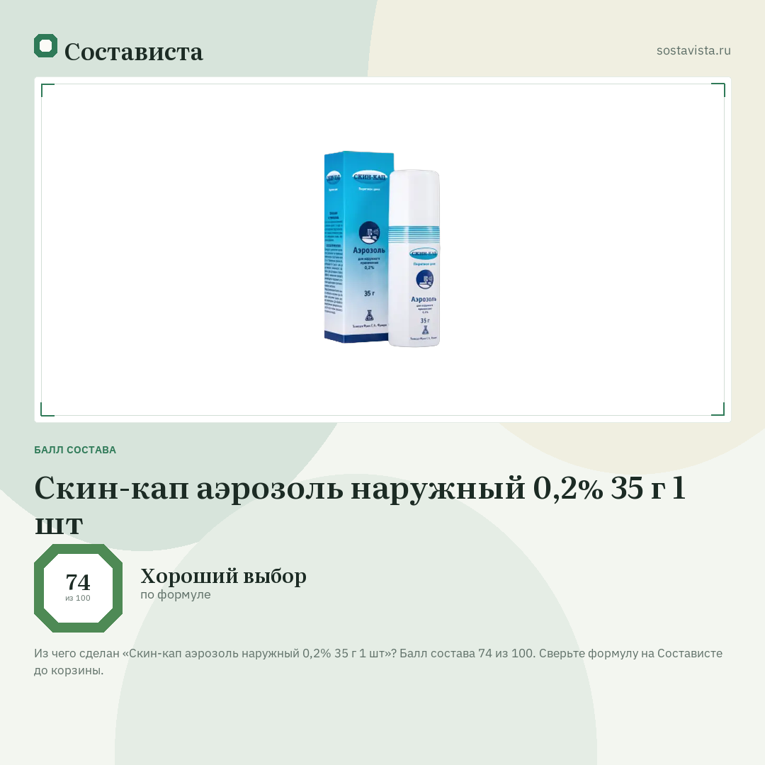 Скин-кап аэрозоль наружный 0,2% 35 г 1 шт: балл состава 74 из 100 — Состависта