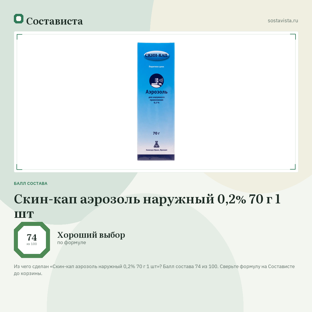 Скин-кап аэрозоль наружный 0,2% 70 г 1 шт: балл состава 74 из 100 — Состависта