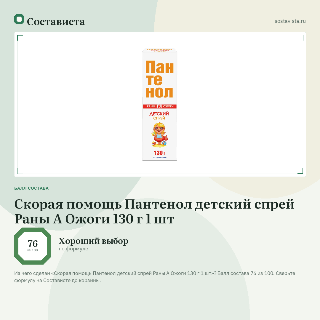 Скорая помощь Пантенол детский спрей Раны А Ожоги 130 г 1 шт: балл состава 76 из 100 — Состависта