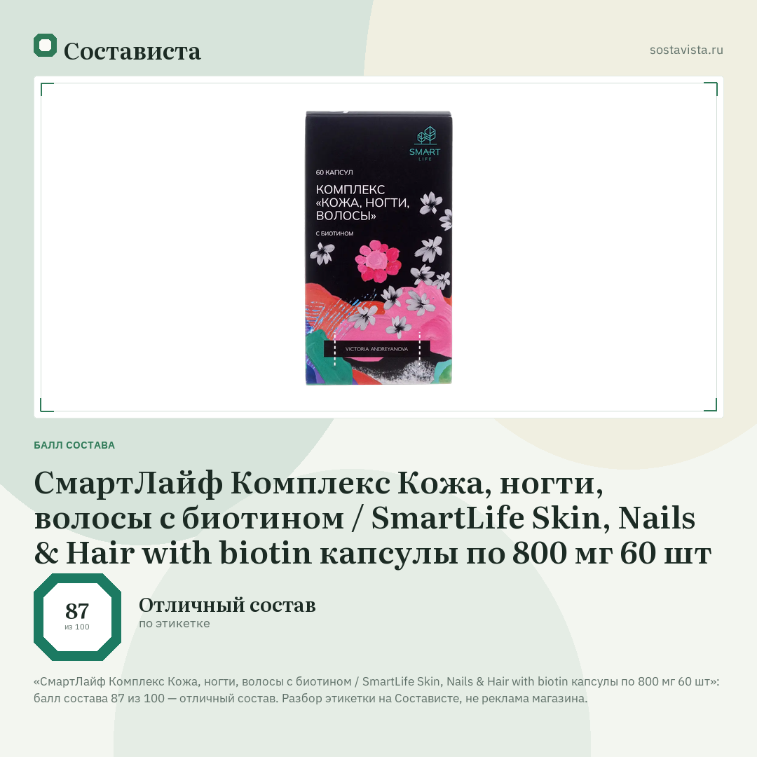 СмартЛайф Комплекс Кожа, ногти, волосы с биотином / SmartLife Skin, Nails & Hair with biotin капсулы по 800 мг 60 шт: балл состава 87 из 100 — Состависта