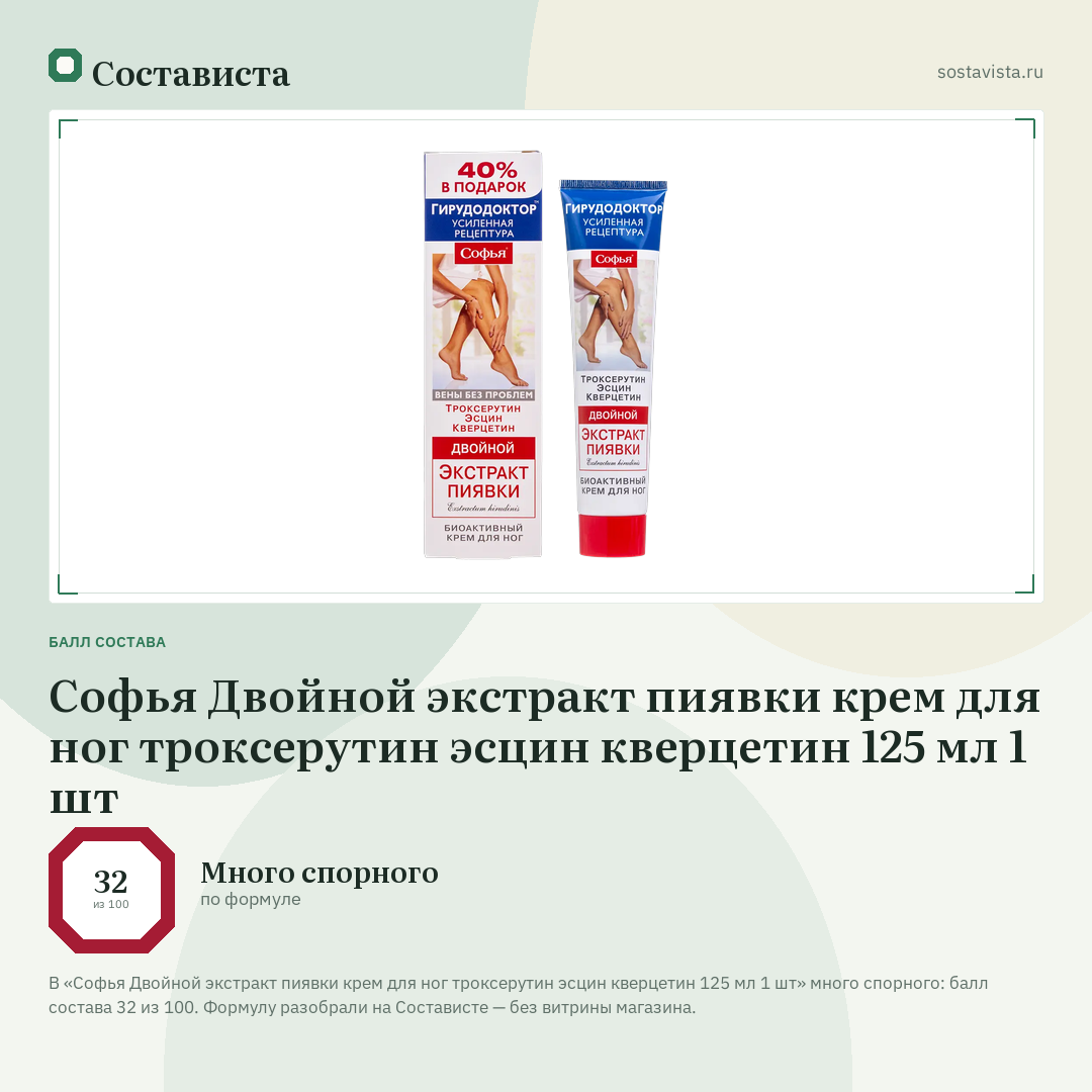 Софья Двойной экстракт пиявки крем для ног троксерутин эсцин кверцетин 125 мл 1 шт: балл состава 32 из 100 — Состависта