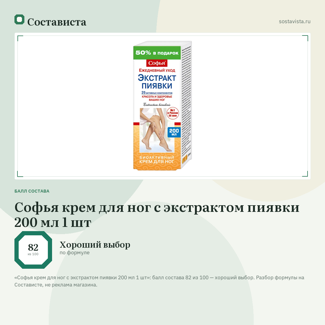 Софья крем для ног с экстрактом пиявки 200 мл 1 шт: балл состава 82 из 100 — Состависта