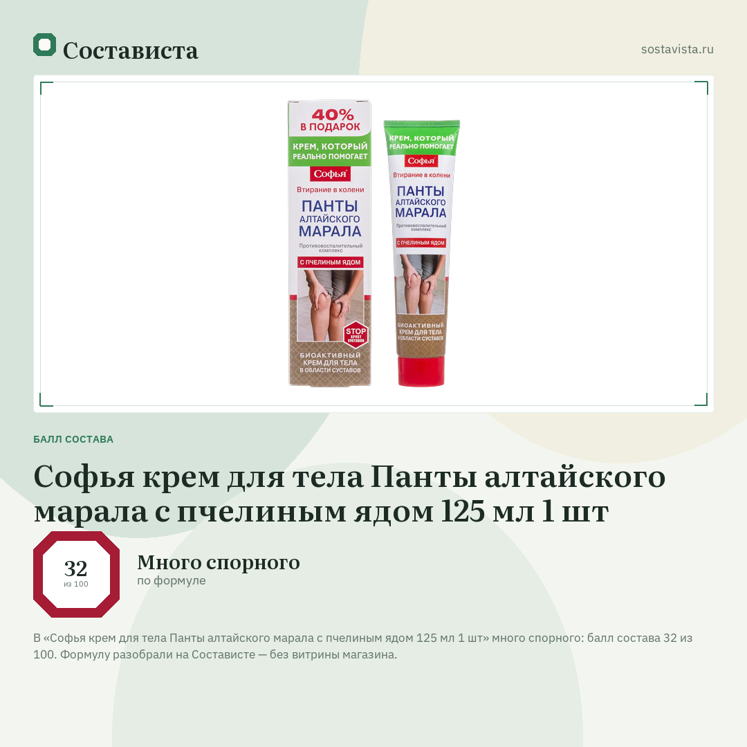 Софья крем для тела Панты алтайского марала с пчелиным ядом 125 мл 1 шт: балл состава 32 из 100 — Состависта