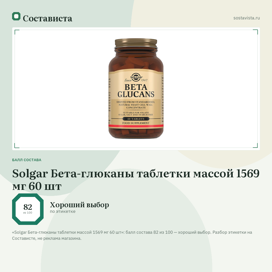 Solgar Бета-глюканы таблетки массой 1569 мг 60 шт: балл состава 82 из 100 — Состависта