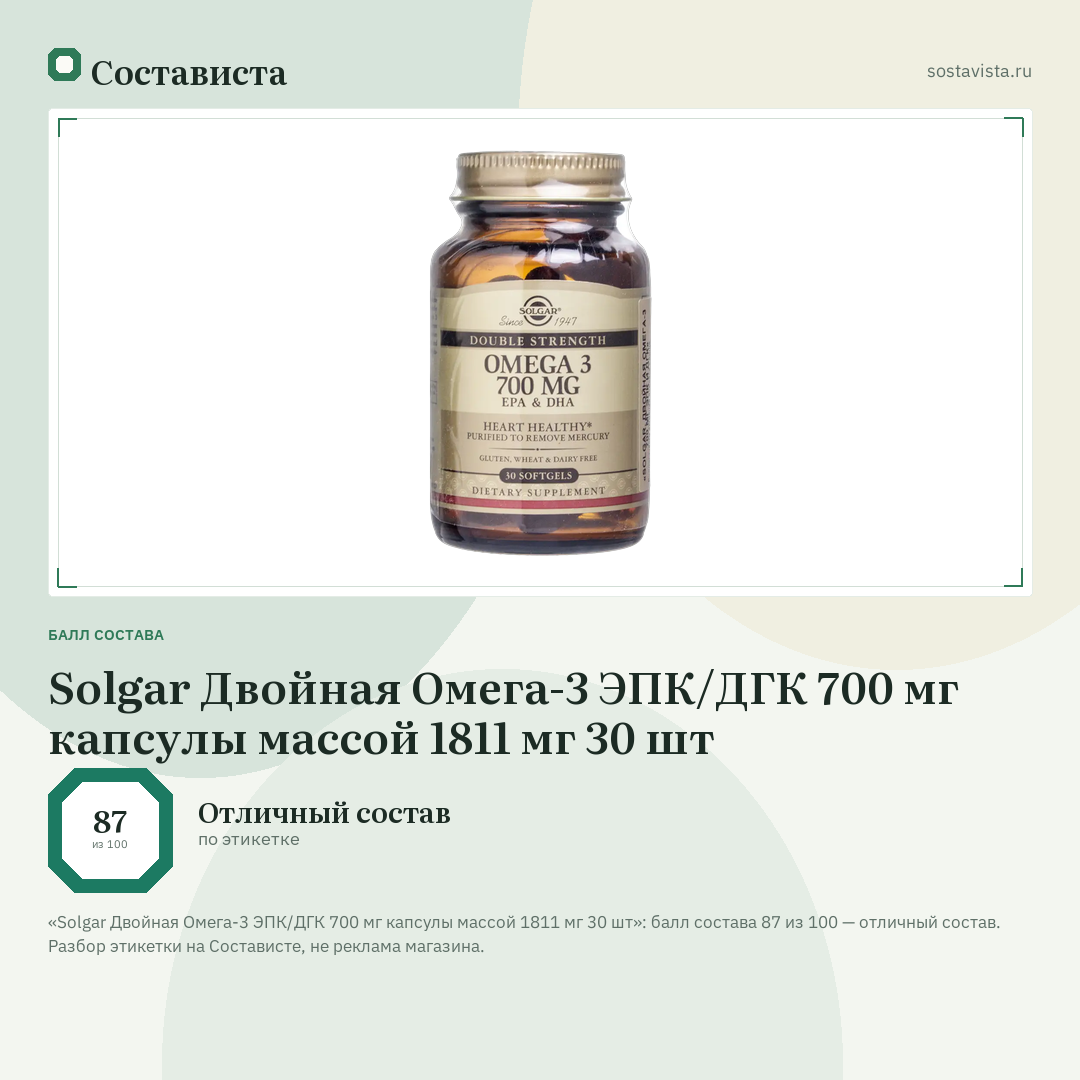 Solgar Двойная Омега-3 ЭПК/ДГК 700 мг капсулы массой 1811 мг 30 шт: балл состава 87 из 100 — Состависта