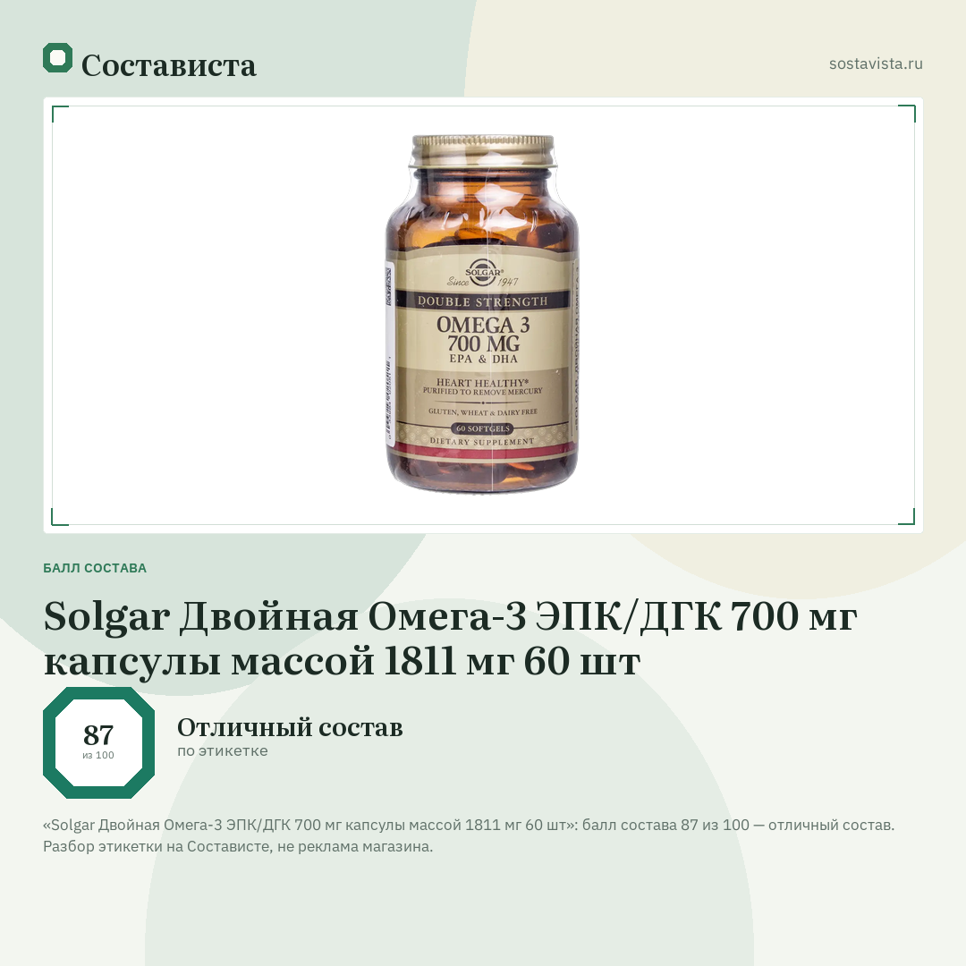 Solgar Двойная Омега-3 ЭПК/ДГК 700 мг капсулы массой 1811 мг 60 шт: балл состава 87 из 100 — Состависта