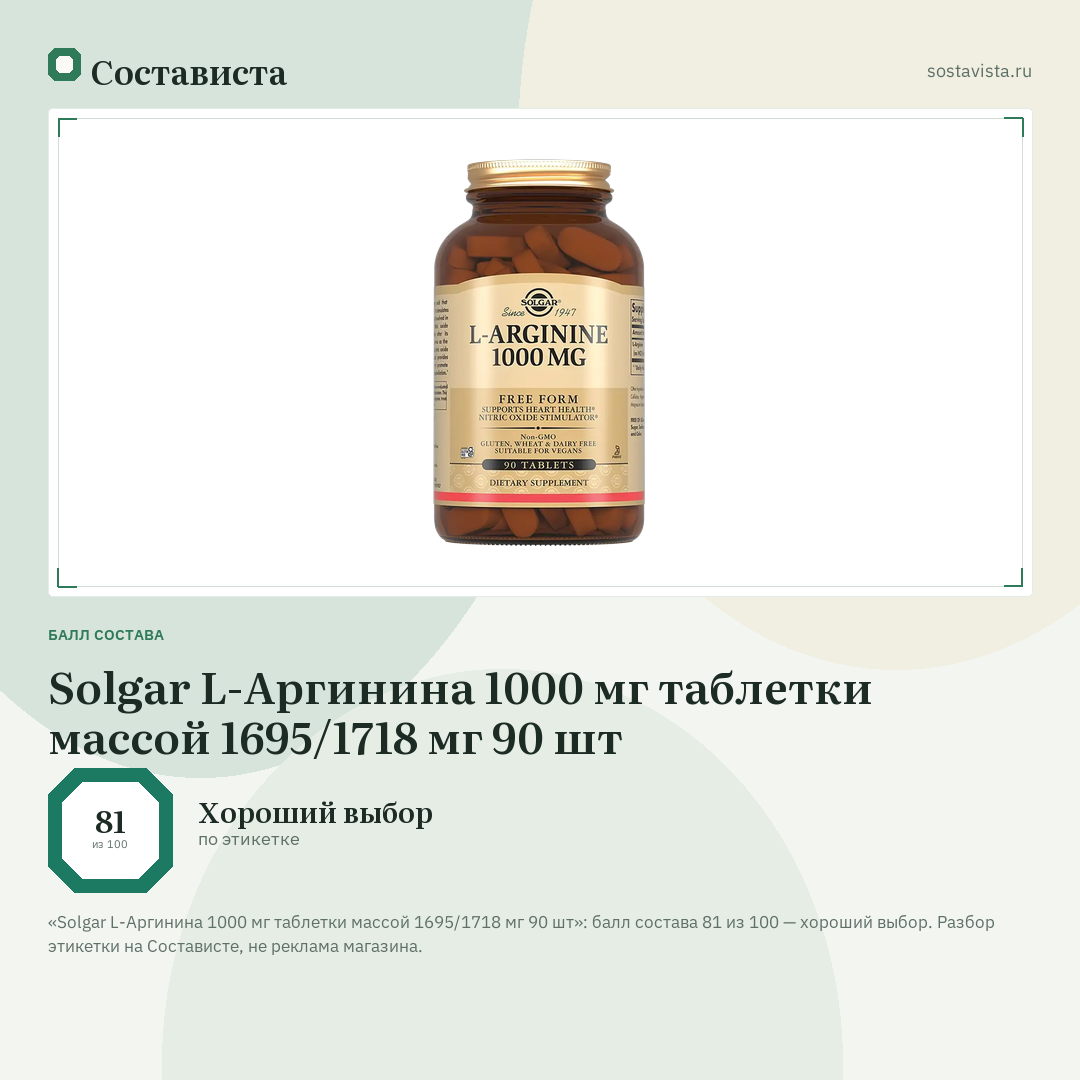 Solgar L-Аргинина 1000 мг таблетки массой 1695/1718 мг 90 шт: балл состава 81 из 100 — Состависта