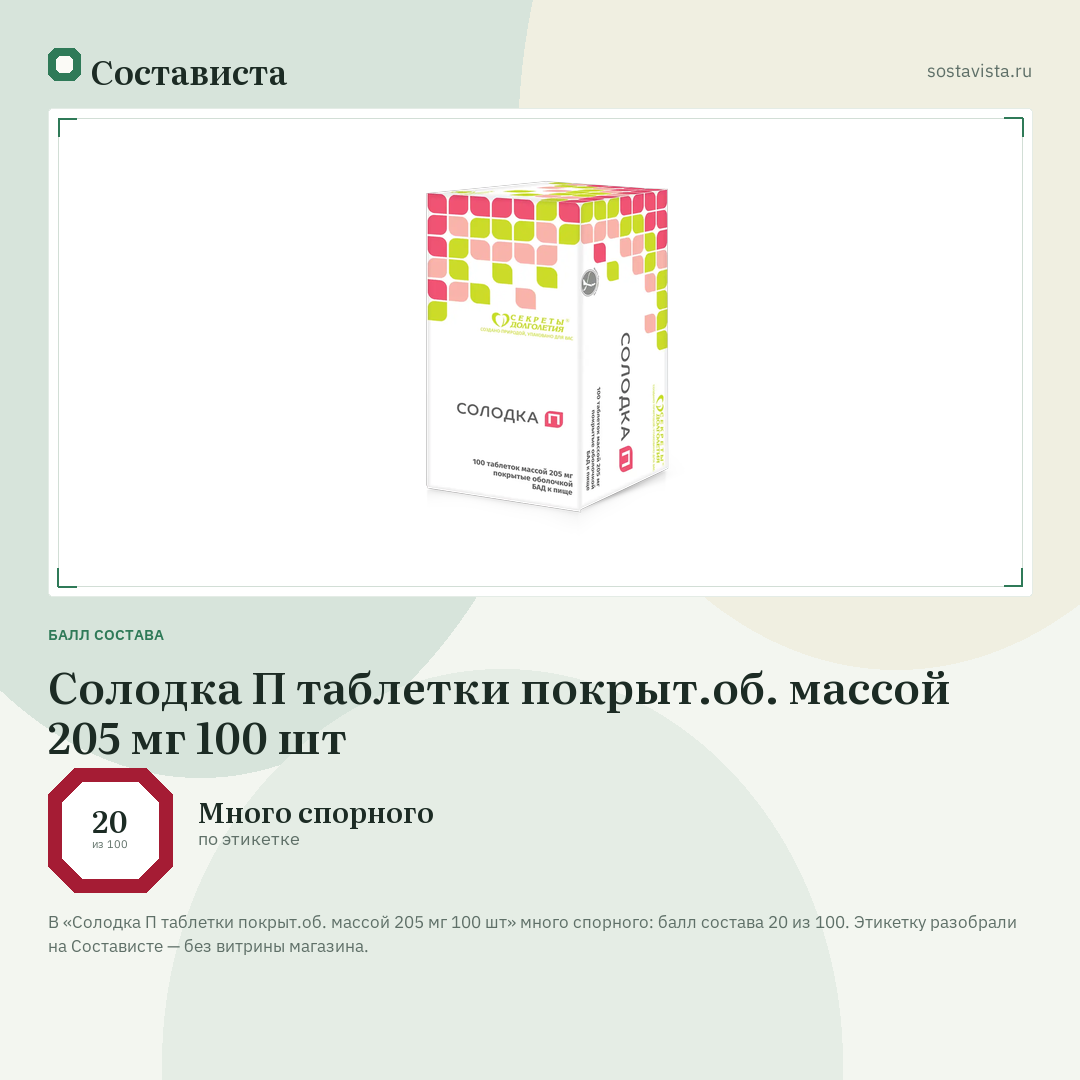Солодка П таблетки покрыт.об. массой 205 мг 100 шт: балл состава 20 из 100 — Состависта