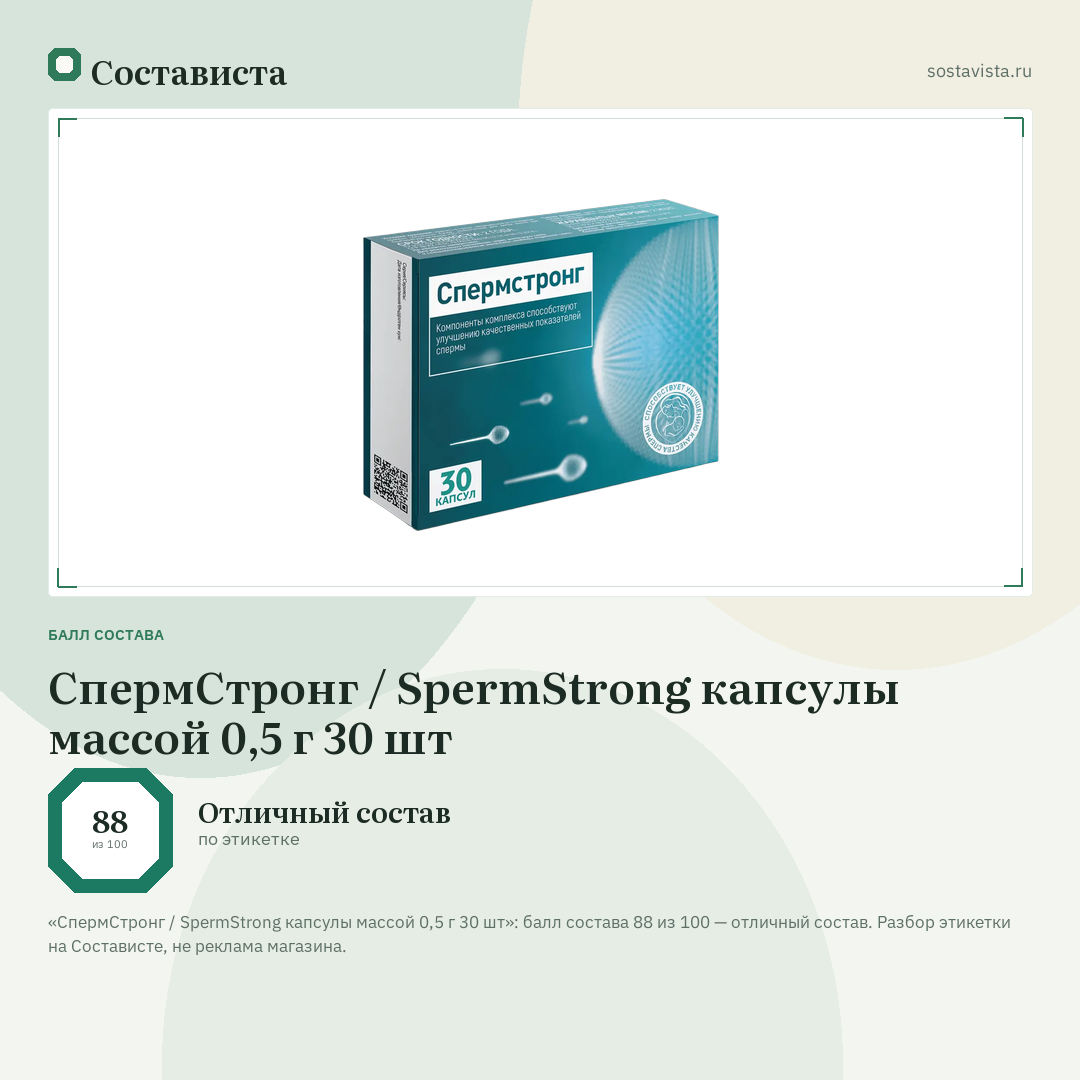СпермСтронг / SpermStrong капсулы массой 0,5 г 30 шт: балл состава 88 из 100 — Состависта