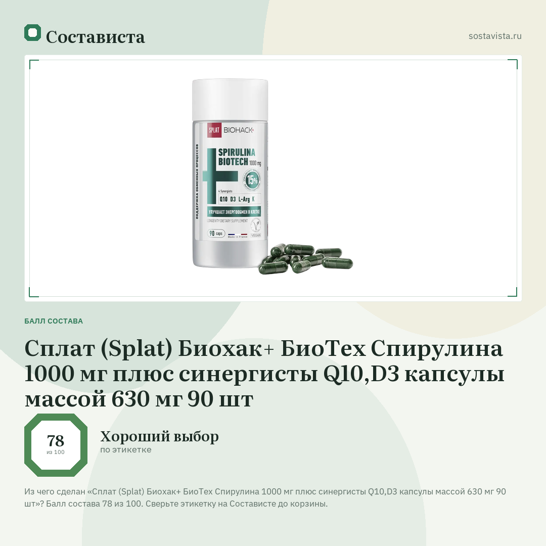 Сплат (Splat) Биохак+ БиоТех Спирулина 1000 мг плюс синергисты Q10,D3 капсулы массой 630 мг 90 шт: балл состава 78 из 100 — Состависта