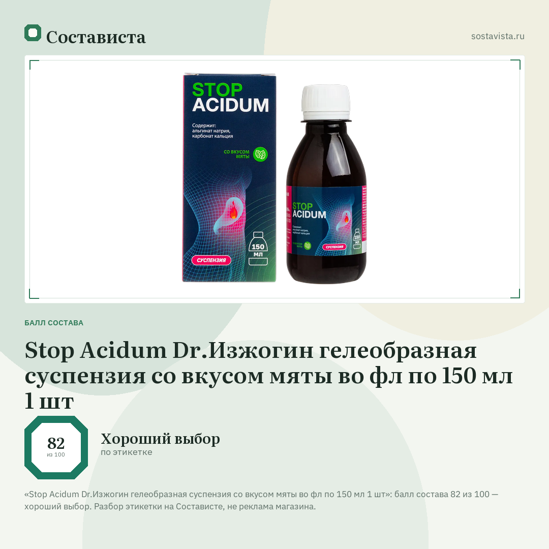 Stop Acidum Dr.Изжогин гелеобразная суспензия со вкусом мяты во фл по 150 мл 1 шт: балл состава 82 из 100 — Состависта