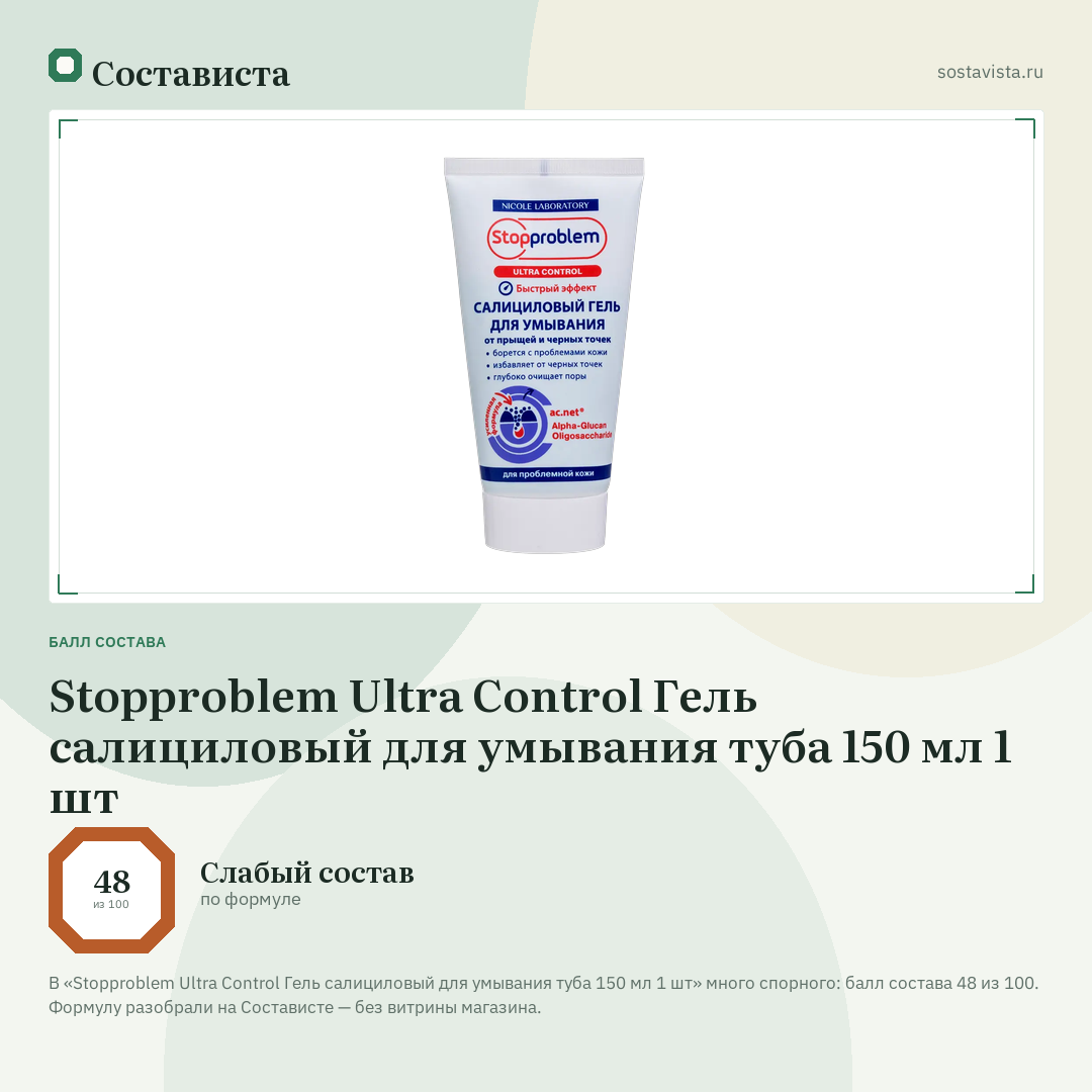 Stopproblem Ultra Control Гель салициловый для умывания туба 150 мл 1 шт: балл состава 48 из 100 — Состависта