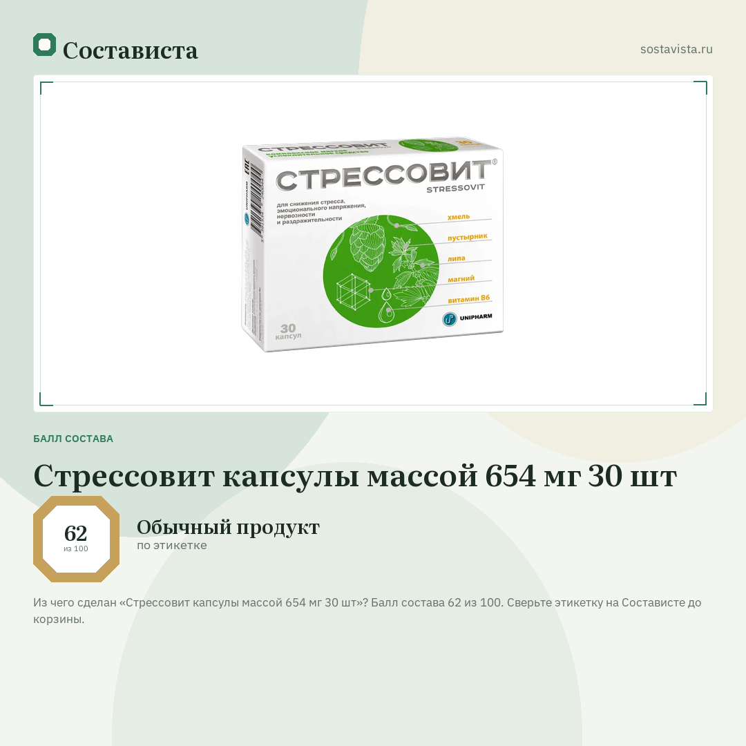 Стрессовит капсулы массой 654 мг 30 шт: балл состава 62 из 100 — Состависта