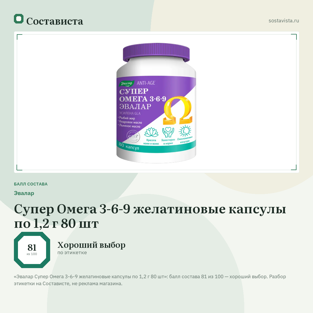 Эвалар Супер Омега 3-6-9 желатиновые капсулы по 1,2 г 80 шт: балл состава 81 из 100 — Состависта