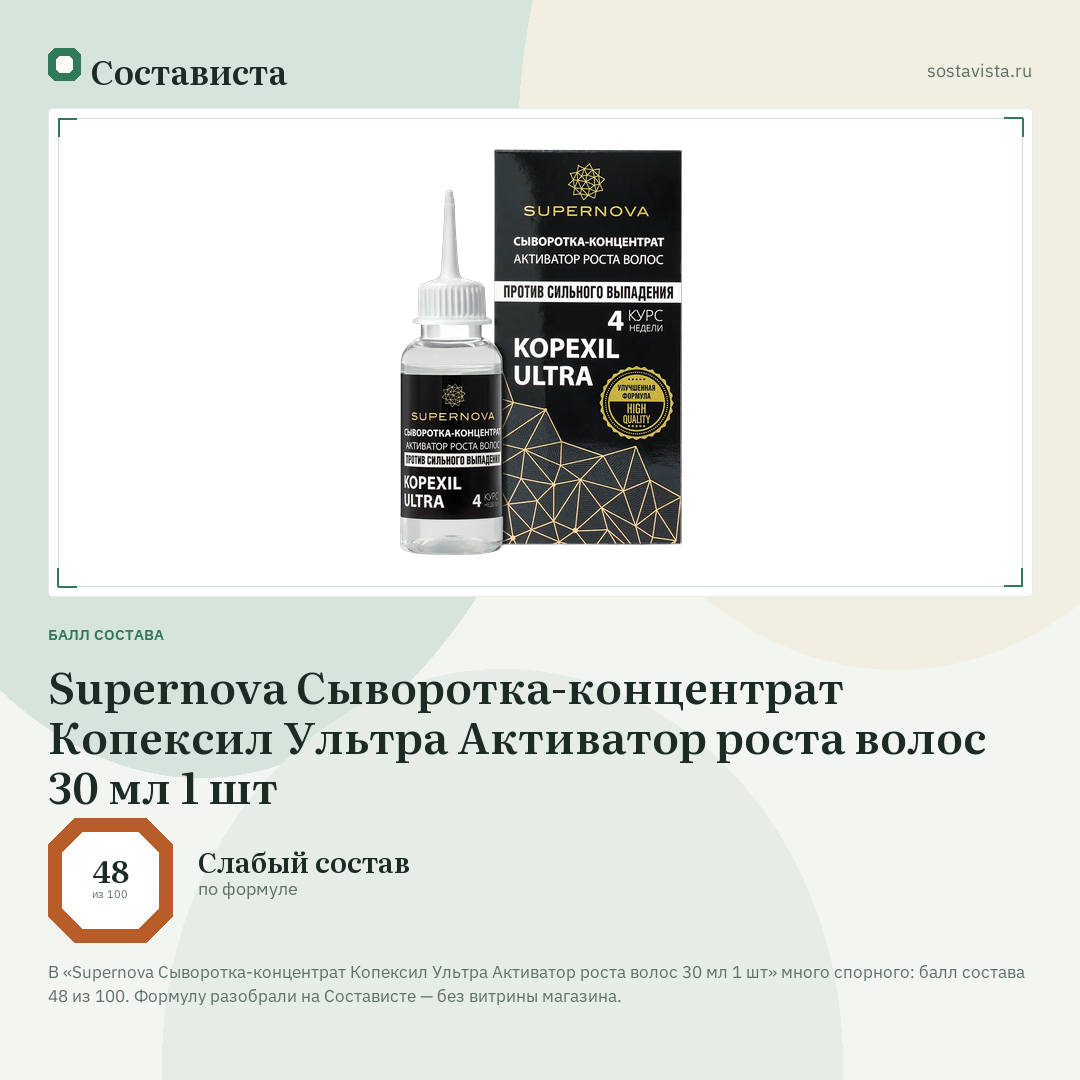 Supernova Сыворотка-концентрат Копексил Ультра Активатор роста волос 30 мл 1 шт: балл состава 48 из 100 — Состависта