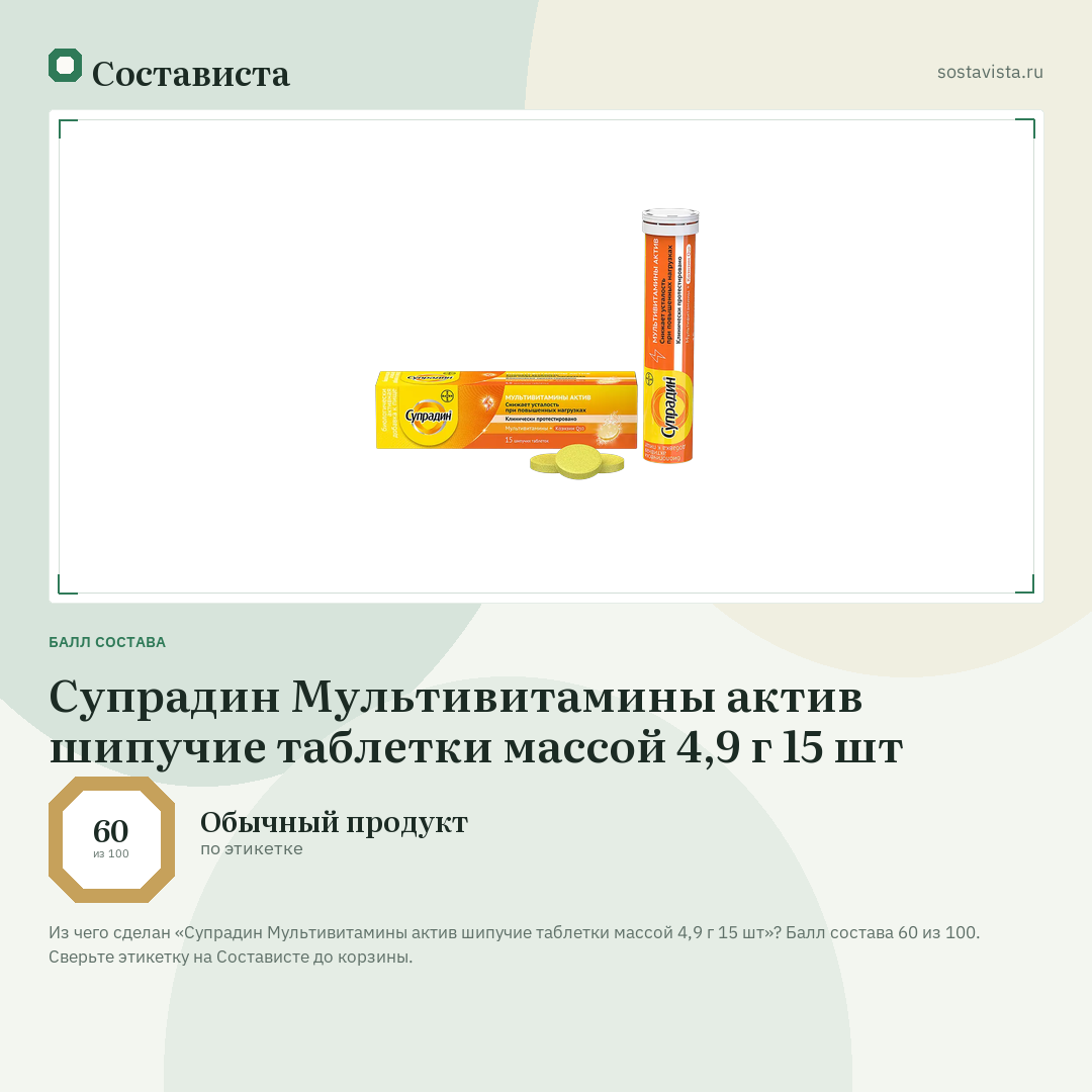 Супрадин Мультивитамины актив шипучие таблетки массой 4,9 г 15 шт: балл состава 60 из 100 — Состависта