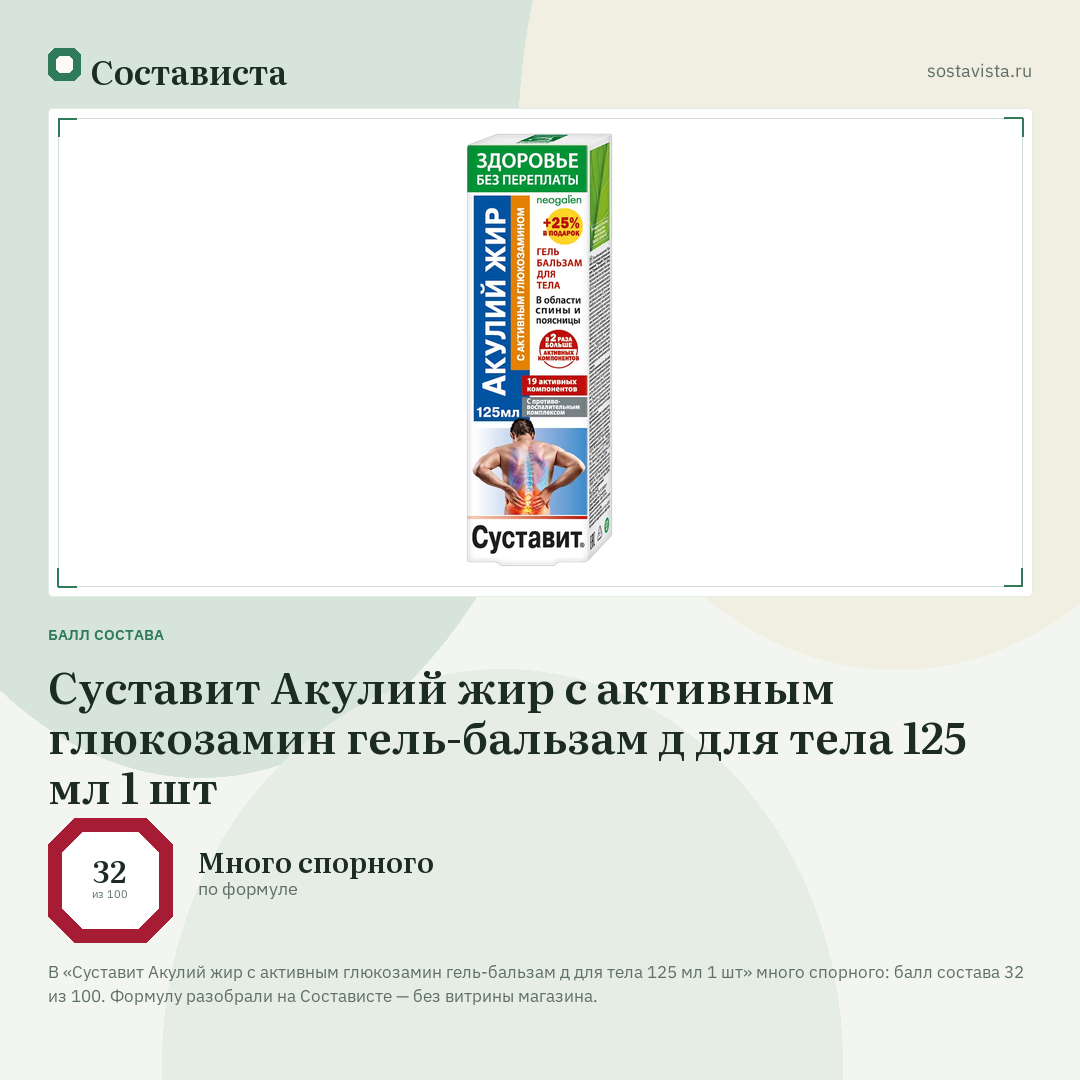 Суставит Акулий жир с активным глюкозамин гель-бальзам д для тела 125 мл 1 шт: балл состава 32 из 100 — Состависта