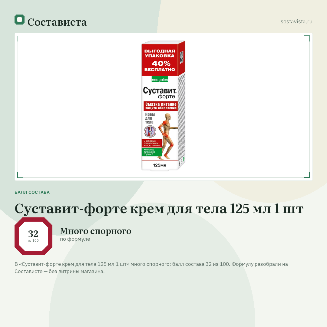 Суставит-форте крем для тела 125 мл 1 шт: балл состава 32 из 100 — Состависта