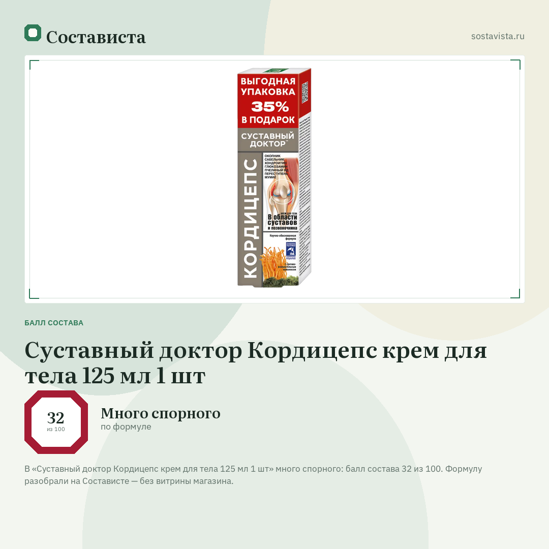 Суставный доктор Кордицепс крем для тела 125 мл 1 шт: балл состава 32 из 100 — Состависта