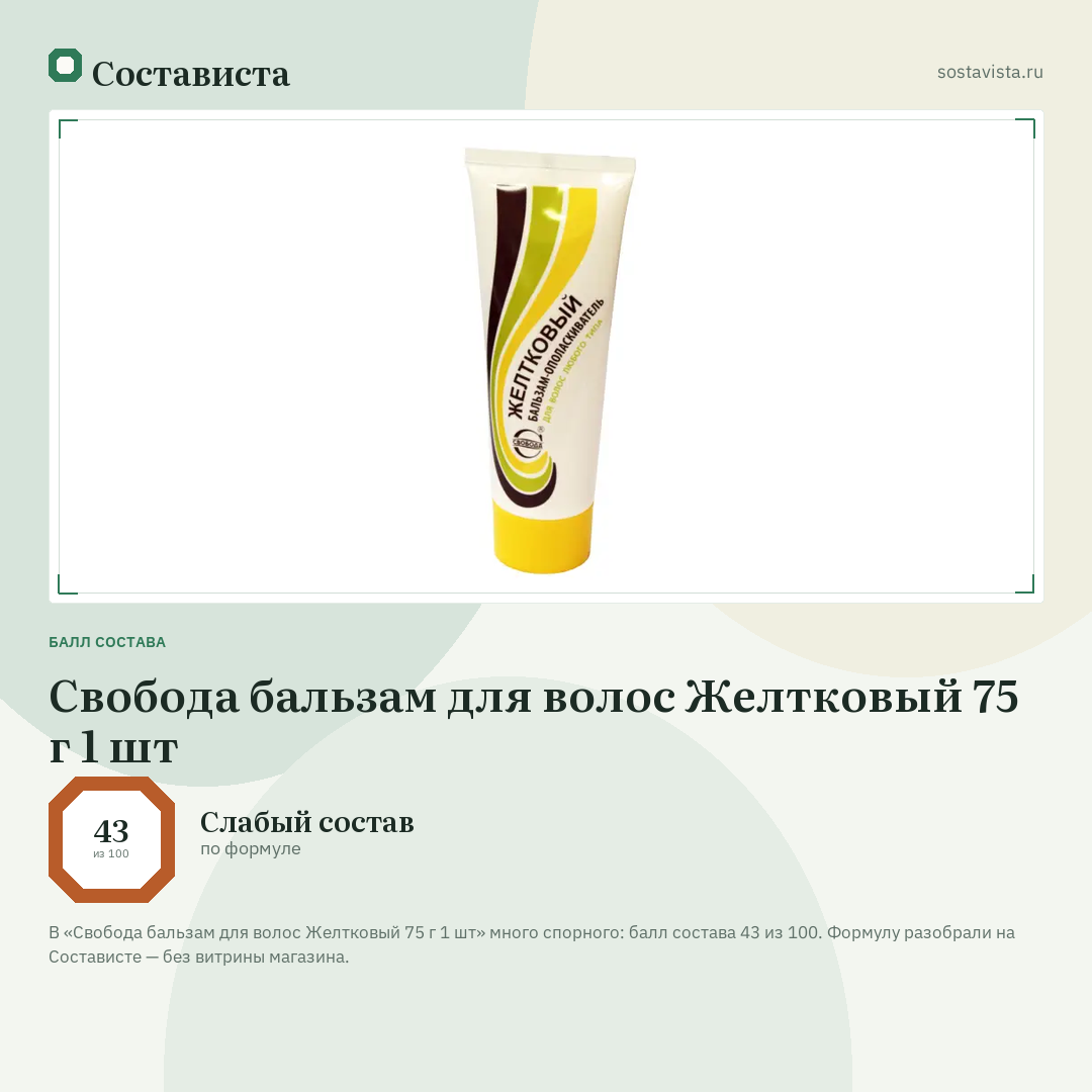 Свобода бальзам для волос Желтковый 75 г 1 шт: балл состава 43 из 100 — Состависта