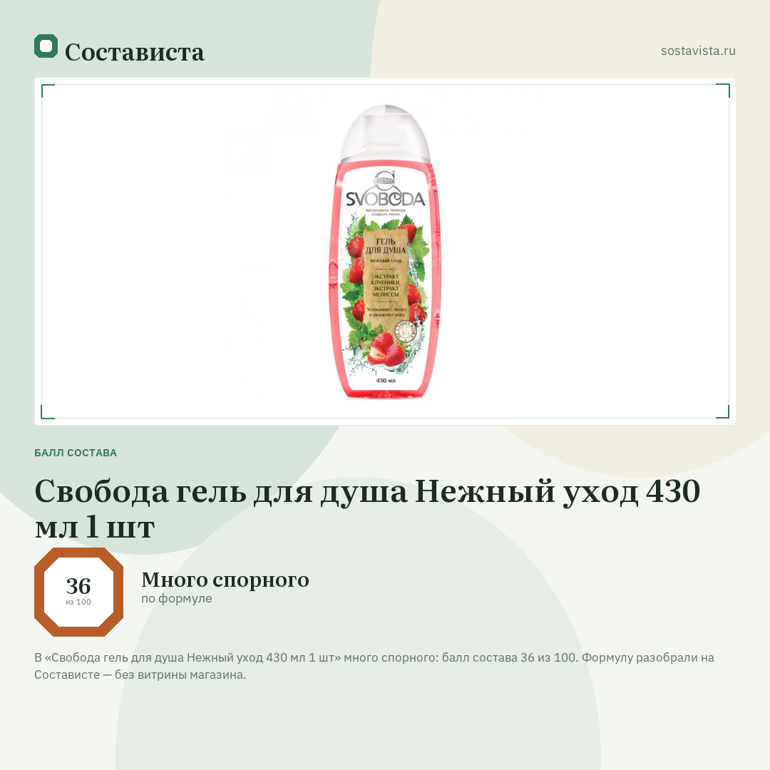 Свобода гель для душа Нежный уход 430 мл 1 шт: балл состава 36 из 100 — Состависта