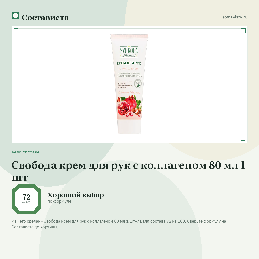 Свобода крем для рук с коллагеном 80 мл 1 шт: балл состава 72 из 100 — Состависта