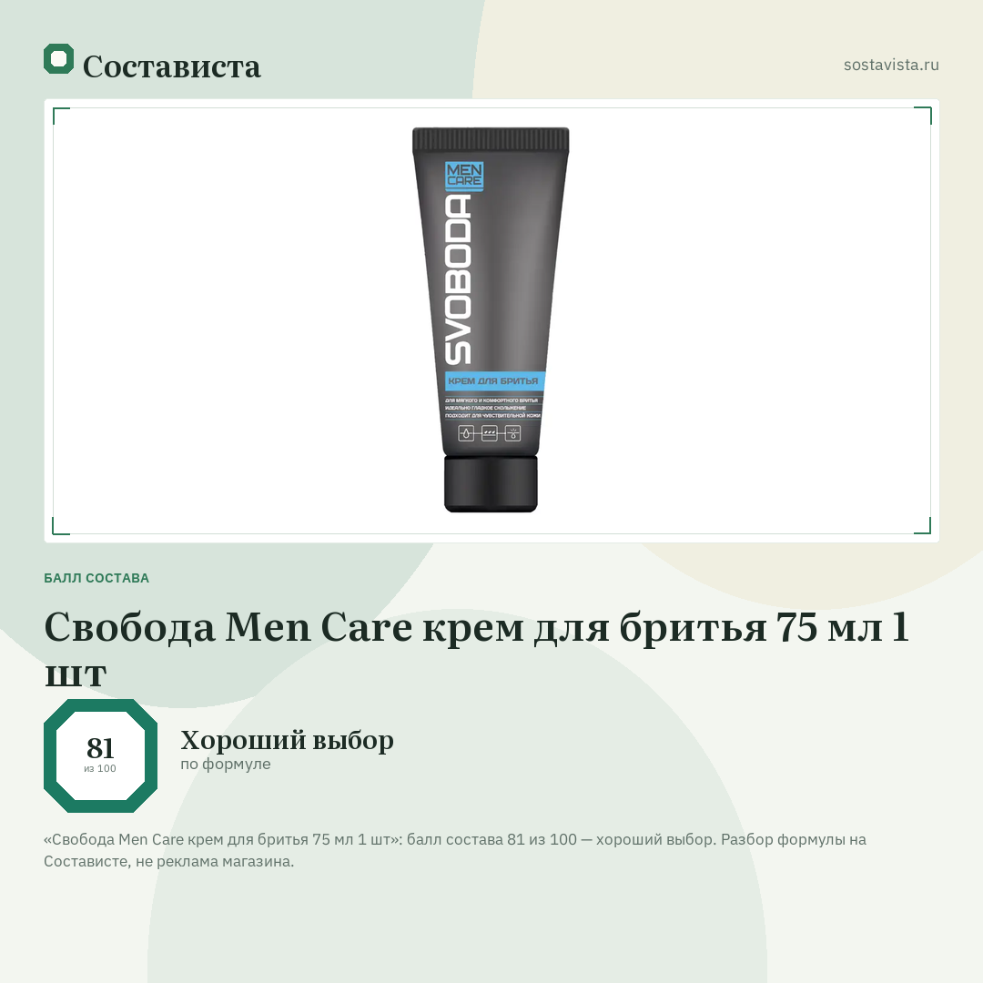 Свобода Men Care крем для бритья 75 мл 1 шт: балл состава 81 из 100 — Состависта