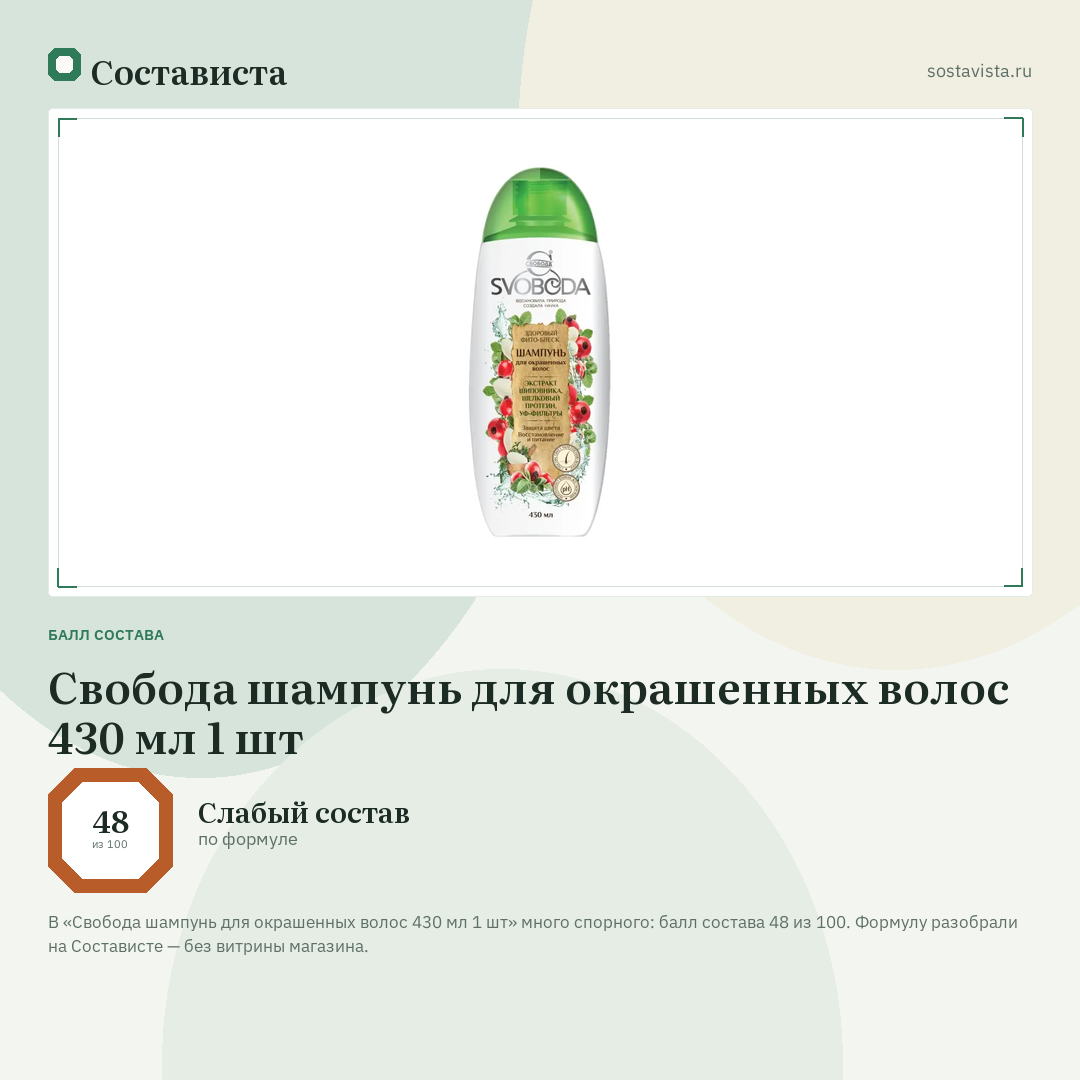 Свобода шампунь для окрашенных волос 430 мл 1 шт: балл состава 48 из 100 — Состависта