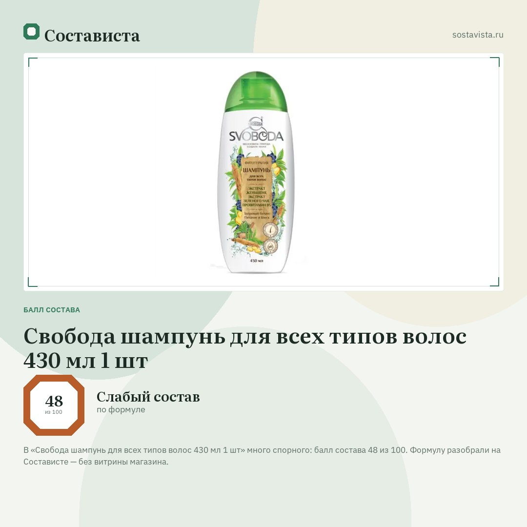 Свобода шампунь для всех типов волос 430 мл 1 шт: балл состава 48 из 100 — Состависта
