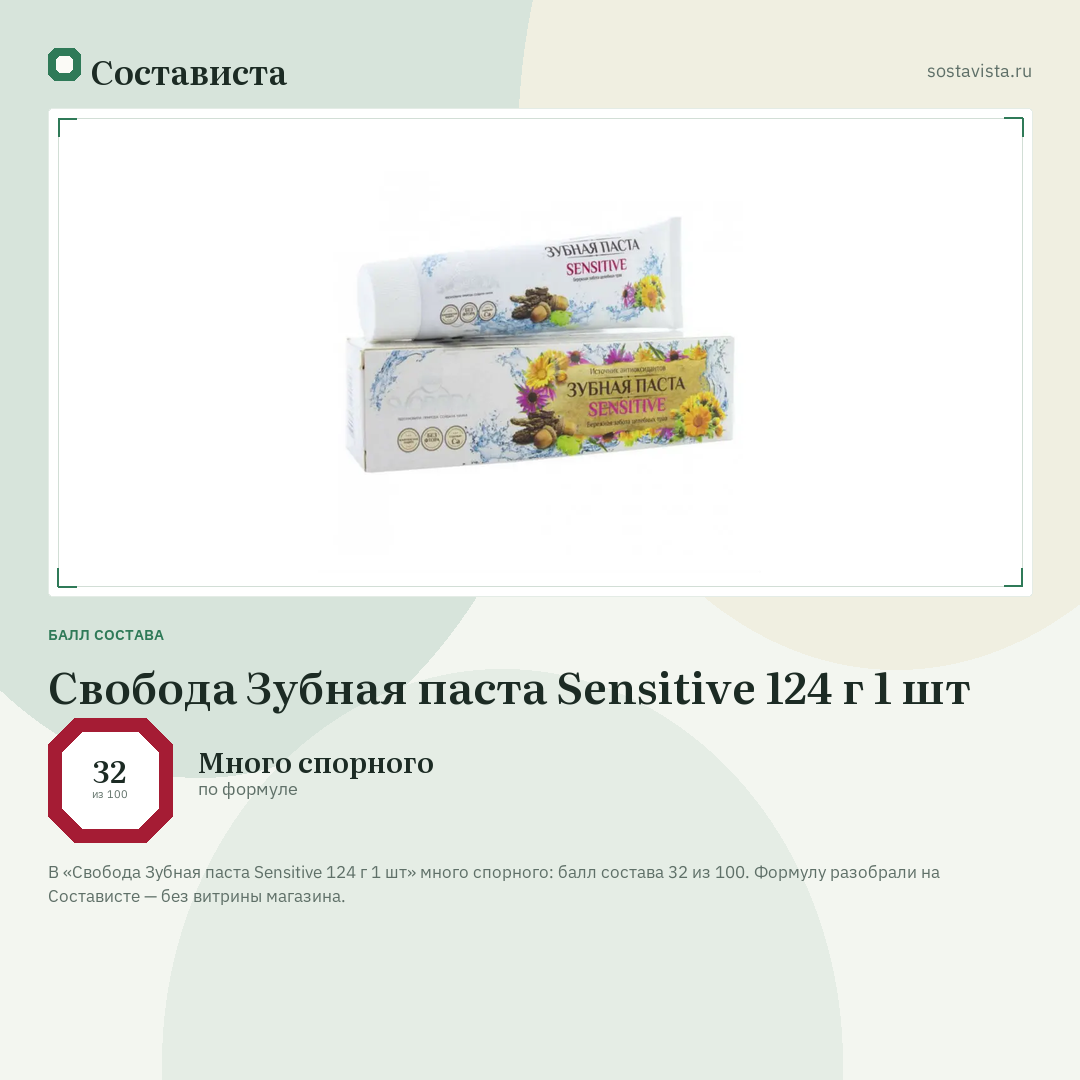 Свобода Зубная паста Sensitive 124 г 1 шт: балл состава 32 из 100 — Состависта
