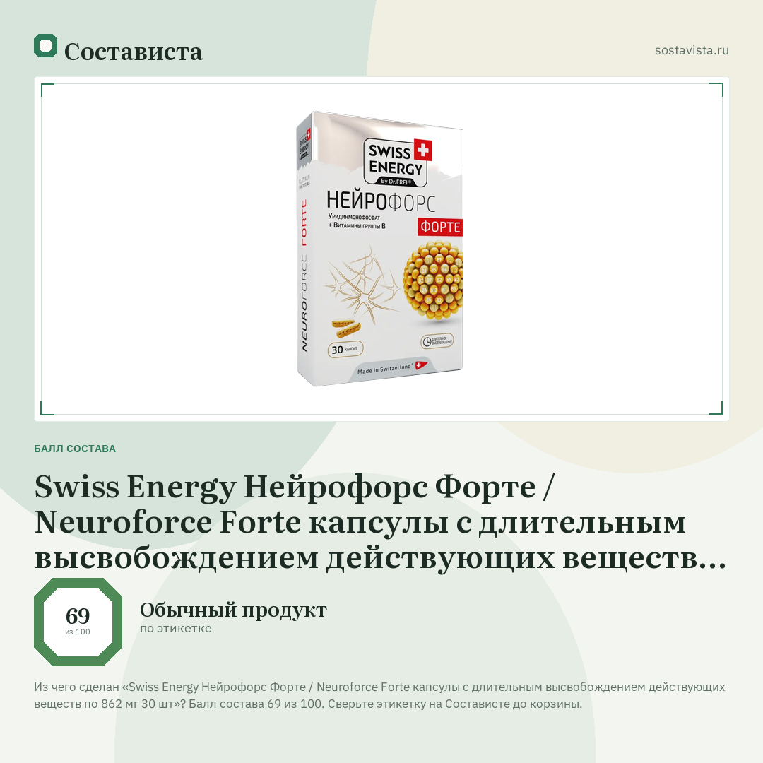 Swiss Energy Нейрофорс Форте / Neuroforce Forte капсулы с длительным высвобождением действующих веществ по 862 мг 30 шт: балл состава 69 из 100 — Состависта