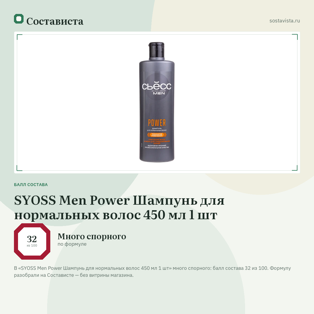 SYOSS Men Power Шампунь для нормальных волос 450 мл 1 шт: балл состава 32 из 100 — Состависта