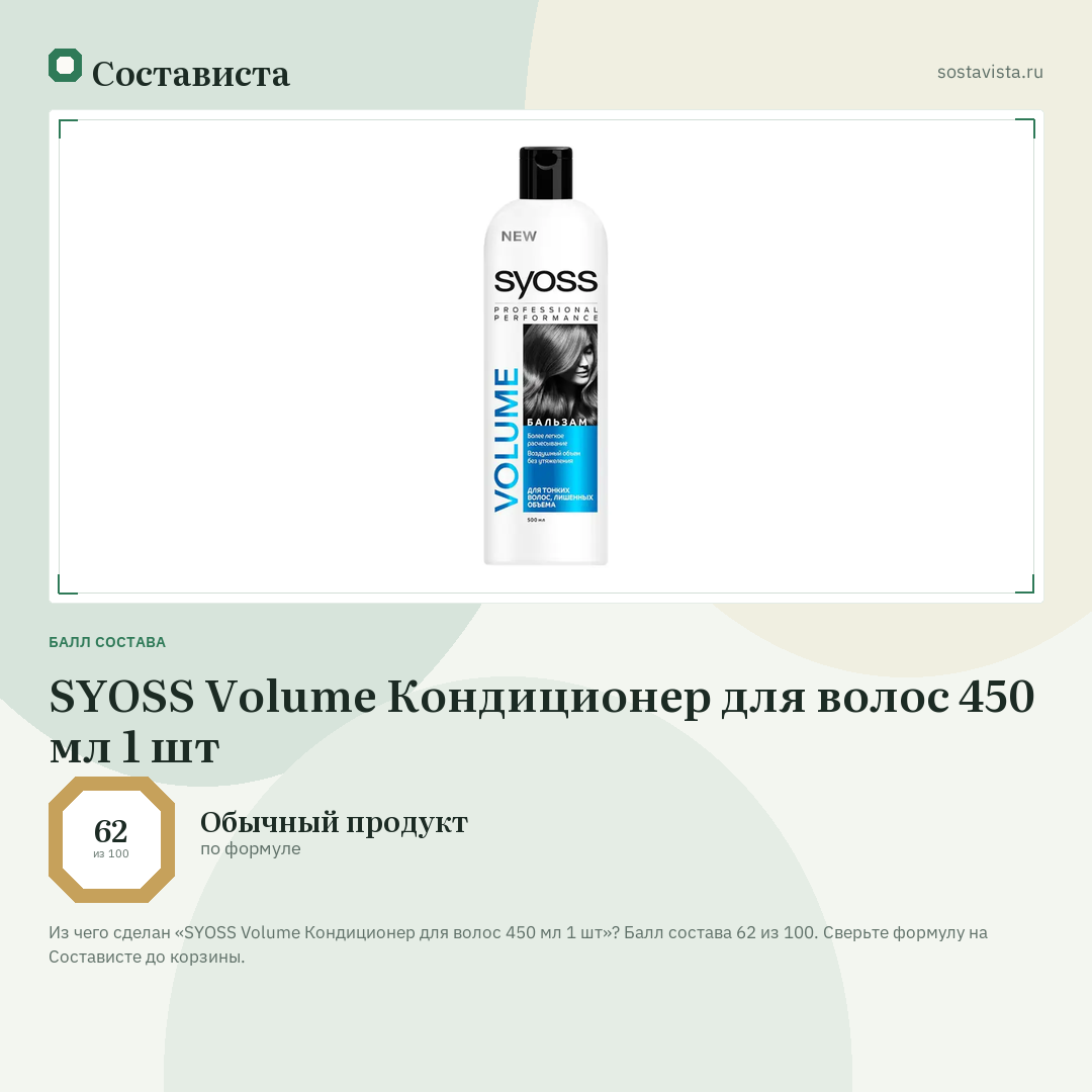 SYOSS Volume Кондиционер для волос 450 мл 1 шт: балл состава 62 из 100 — Состависта