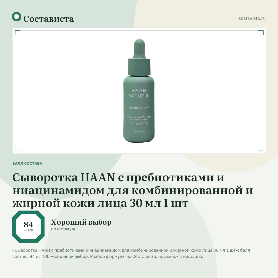 Сыворотка HAAN с пребиотиками и ниацинамидом для комбинированной и жирной кожи лица 30 мл 1 шт: балл состава 84 из 100 — Состависта