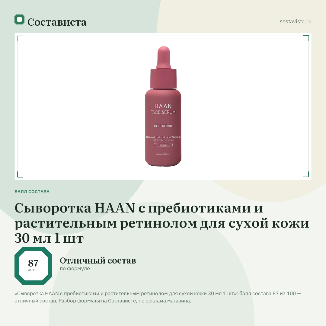 Сыворотка HAAN с пребиотиками и растительным ретинолом для сухой кожи 30 мл 1 шт: балл состава 87 из 100 — Состависта