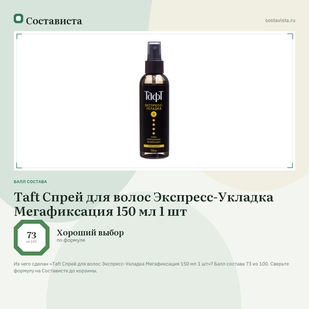 Taft Cпрей для волоc Экспресс-Укладка Мегафиксация 150 мл 1 шт: балл состава 73 из 100 — Состависта