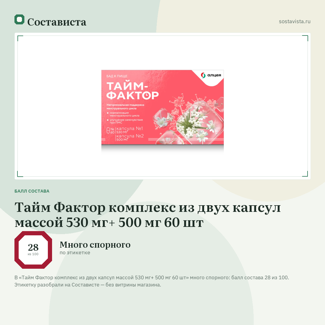 Тайм Фактор комплекс из двух капсул массой 530 мг+ 500 мг 60 шт: балл состава 28 из 100 — Состависта
